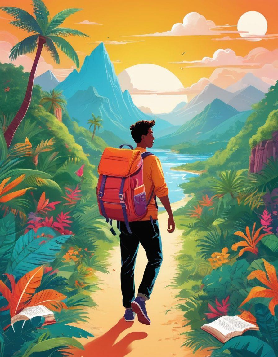 A whimsical illustration of a traveler navigating through a vibrant, colorful blogosphere that resembles a tropical landscape filled with oversized books, lightbulbs, and digital gadgets. The traveler is depicted with a backpack and a compass, symbolizing exploration and guidance. In the background, a winding path leads to a glowing journal with pages turning in the wind, representing a digital diary. Bright, cheerful colors enhance the sense of adventure and creativity. vector art. vibrant colors. whimsical style.