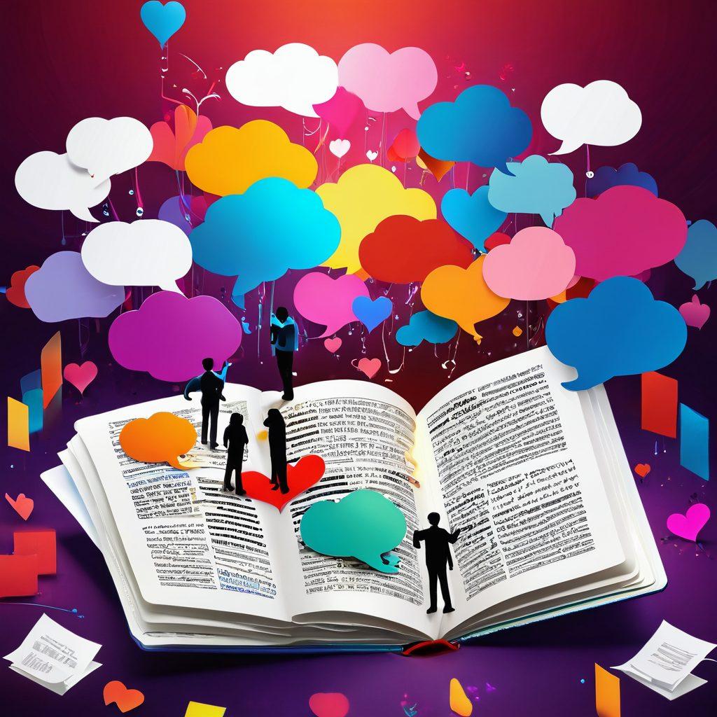 A digital landscape depicting an open journal with glowing pages filled with vibrant thoughts, surrounded by diverse individuals engaging passionately in discussions online. Include elements representing community, such as interconnected speech bubbles and hearts. Bright colors and a warm, inviting atmosphere to convey connection and creativity. Artistic flair with a modern twist. super-realistic. vibrant colors. 3D.