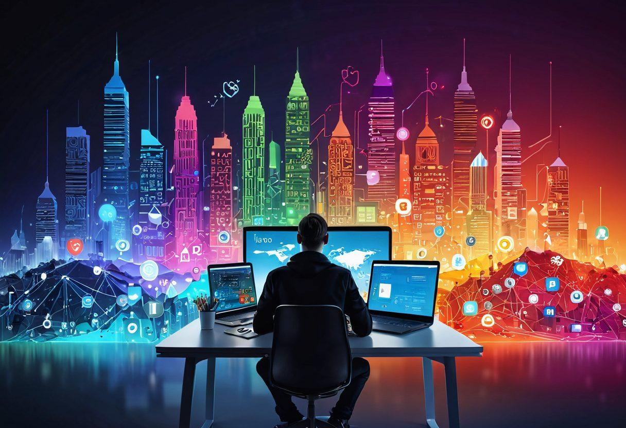 A digital landscape showing a person sitting at a modern desk, creating a blog on a laptop, surrounded by various icons representing social media, networking, and growth. The background features a skyline of an abstract city made of binary code, symbolizing the online empire, with bright and inspiring colors. super-realistic. vibrant colors. 3D.